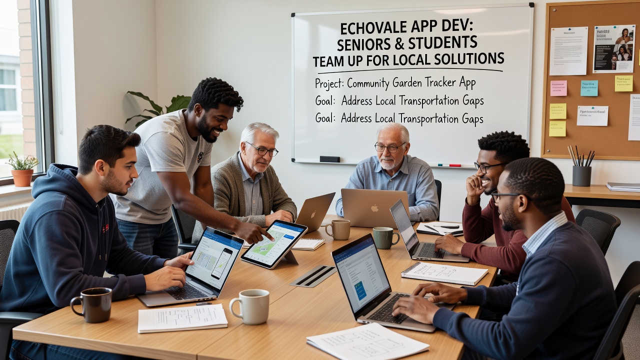 Group of Echovale seniors and students testing a mobile app together at a library table