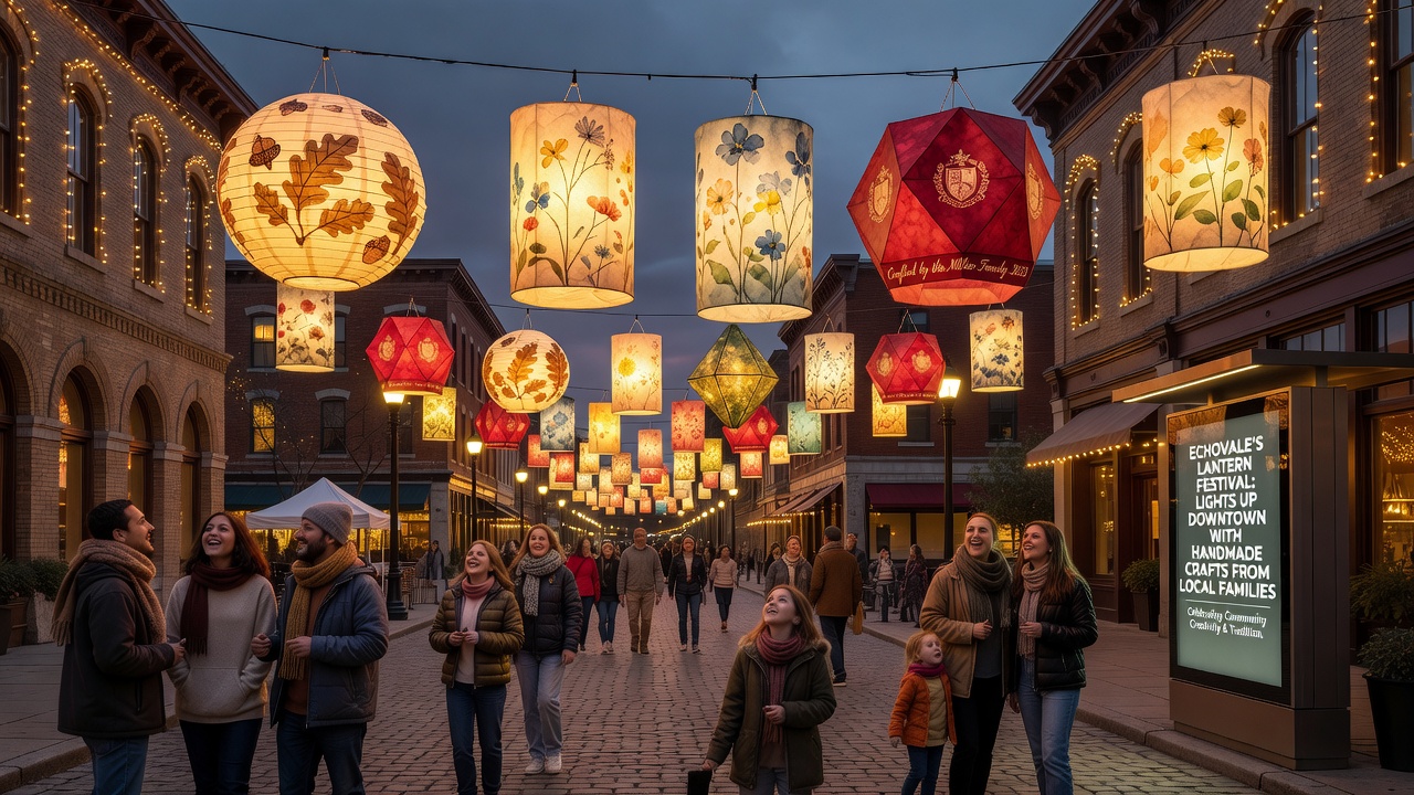 Families displaying handmade lanterns and crafts at Echovale festival booths