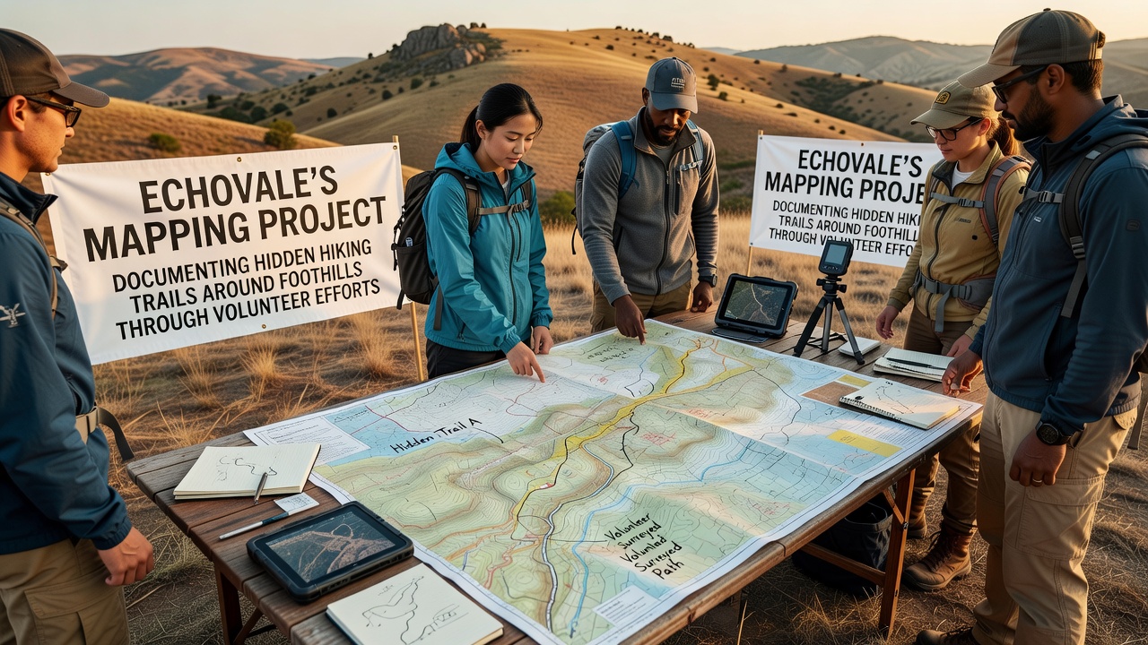 Group of volunteers marking trail coordinates on a digital tablet in the Echovale foothills landscape